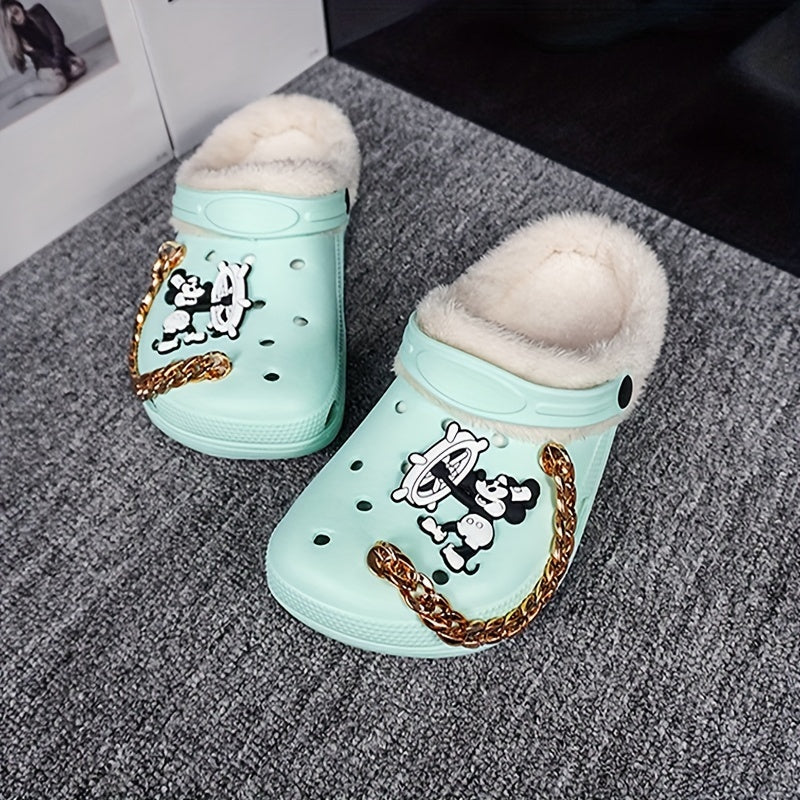 Women's Winter Thermal Clogs – Cartoon Pattern, EVA Sole, Fabric Liner, Golden Chain Detail
